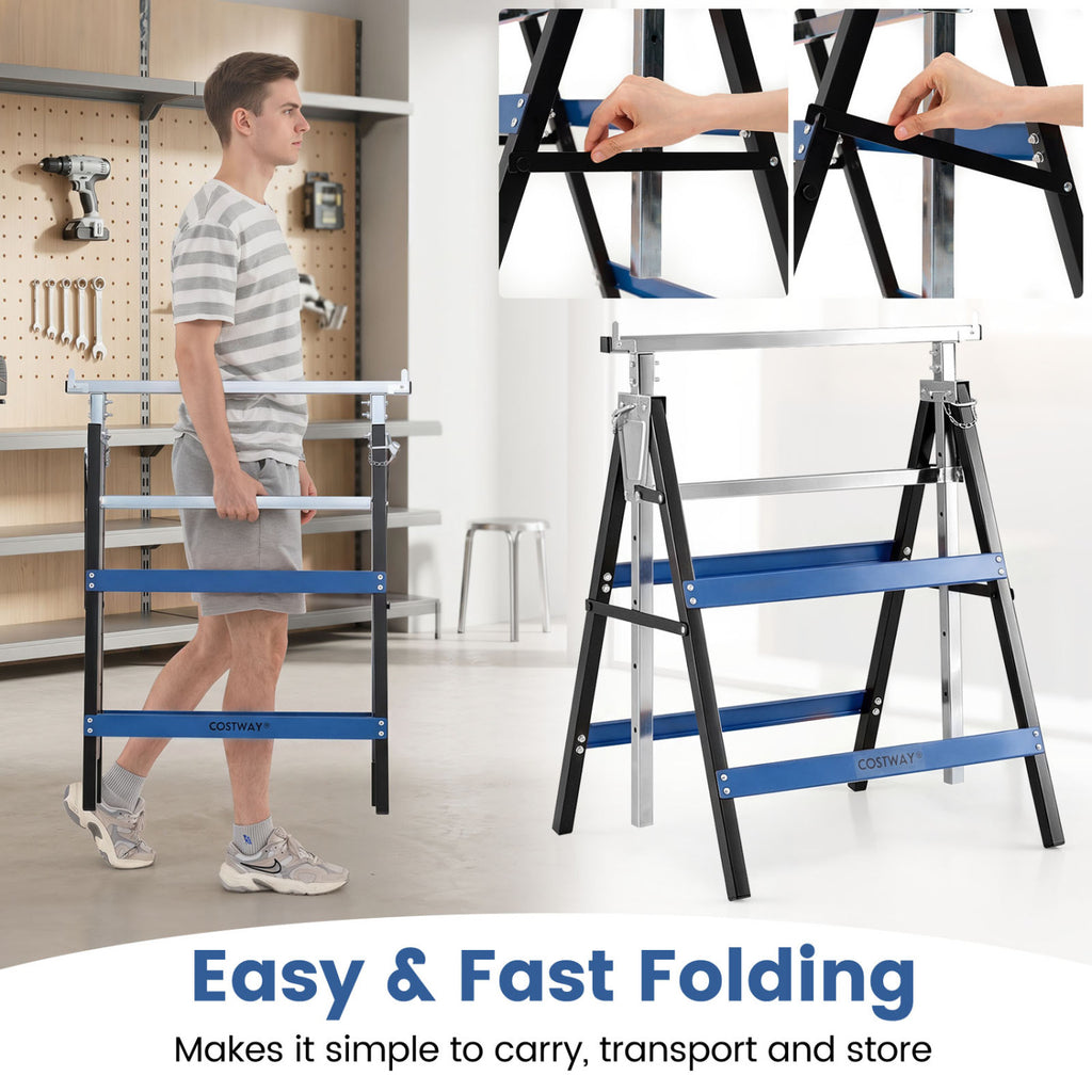 2 Pack Heavy Duty Metal Folding Saw Horses with Adjustable Height- Blue