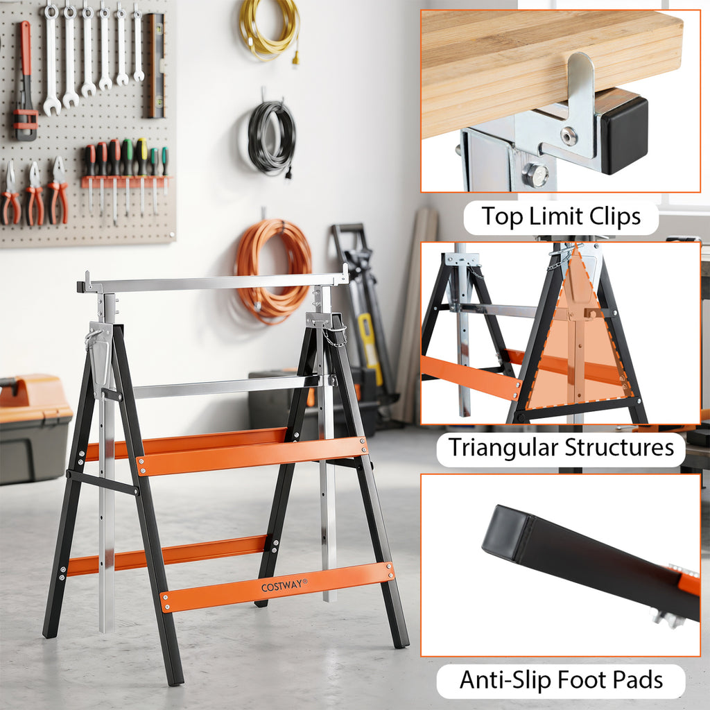 2 Pack Heavy Duty Metal Folding Saw Horses with Adjustable Height-Orange