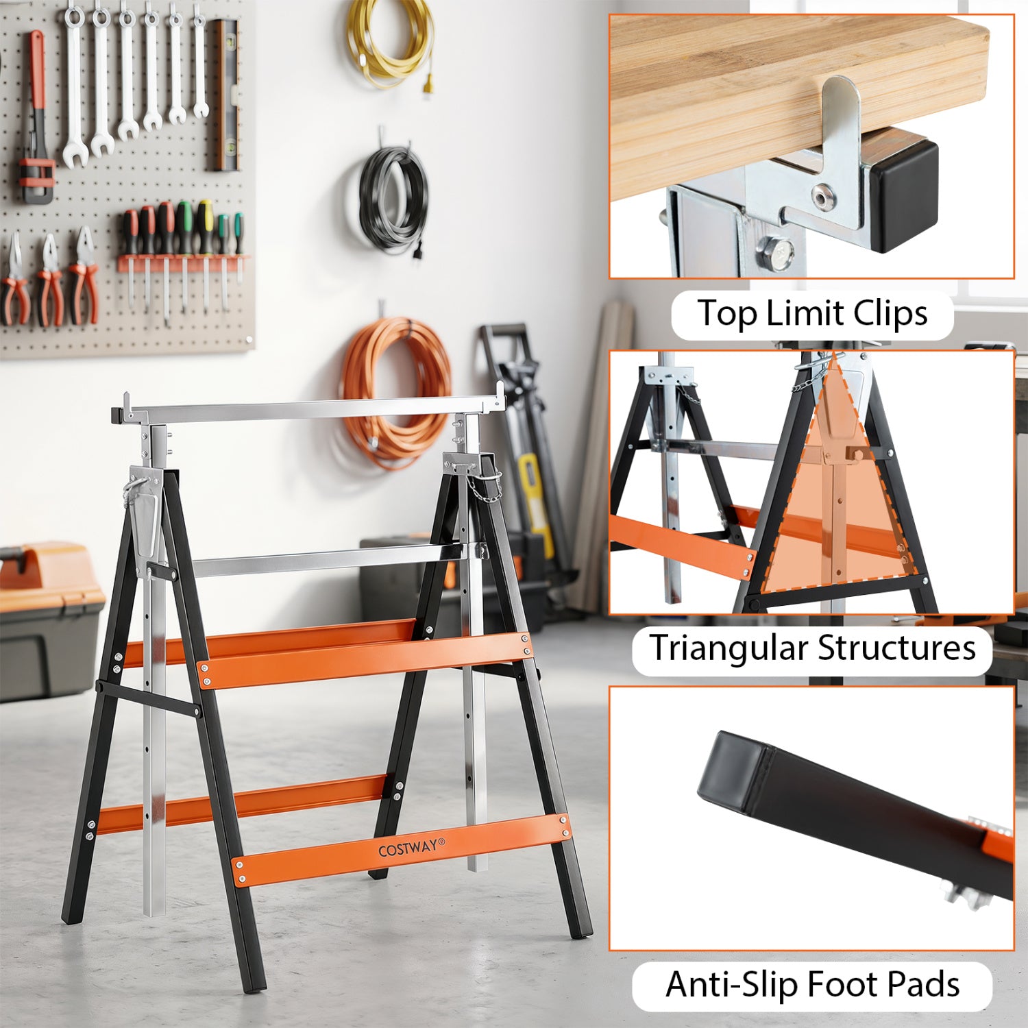 2 Pack Heavy Duty Metal Folding Saw Horses with Adjustable Height-Orange