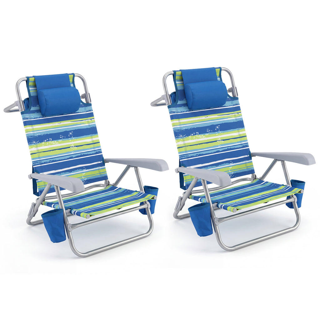 2 Pack Portable Folding Beach Chair with 7-Position Backrest-Blue