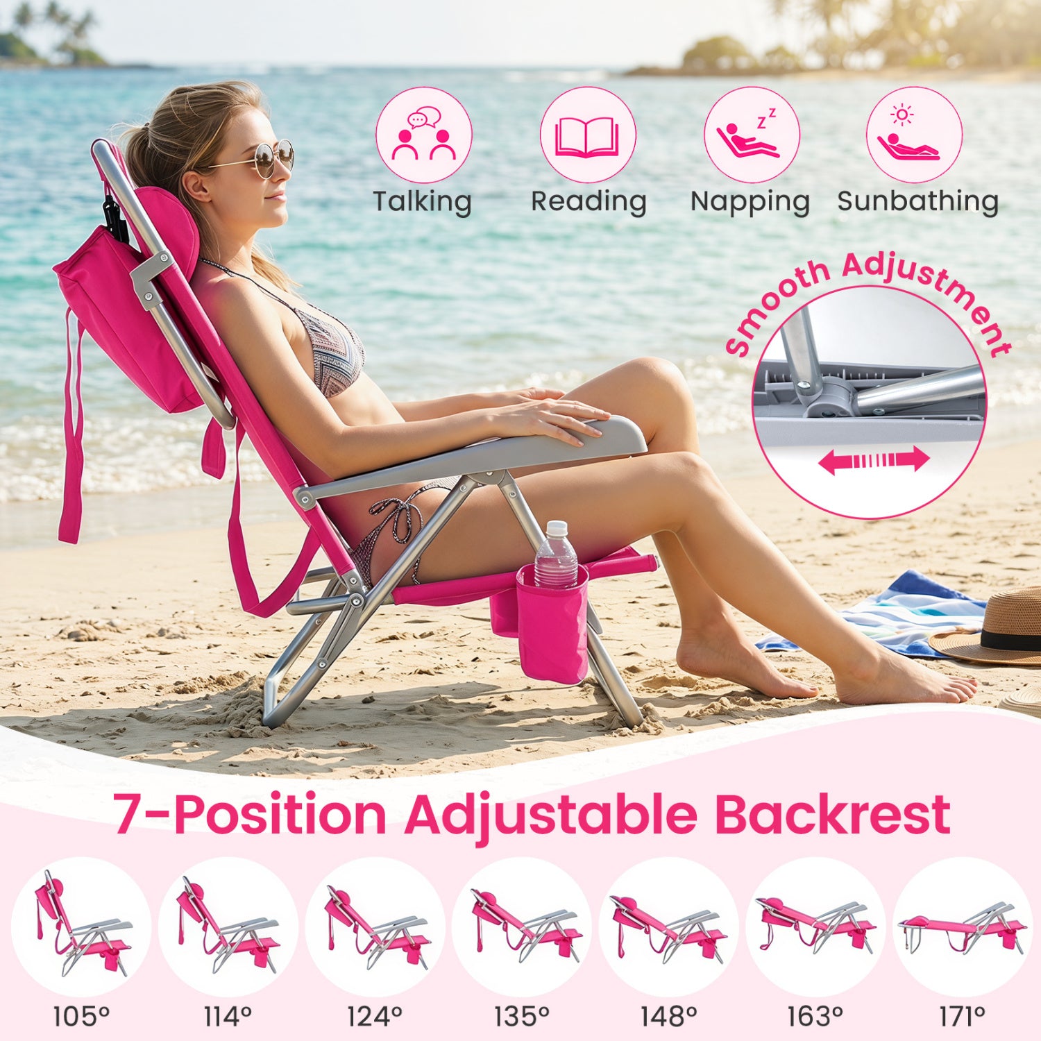 2 Pack Portable Folding Beach Chair with 7-Position Backrest-Pink