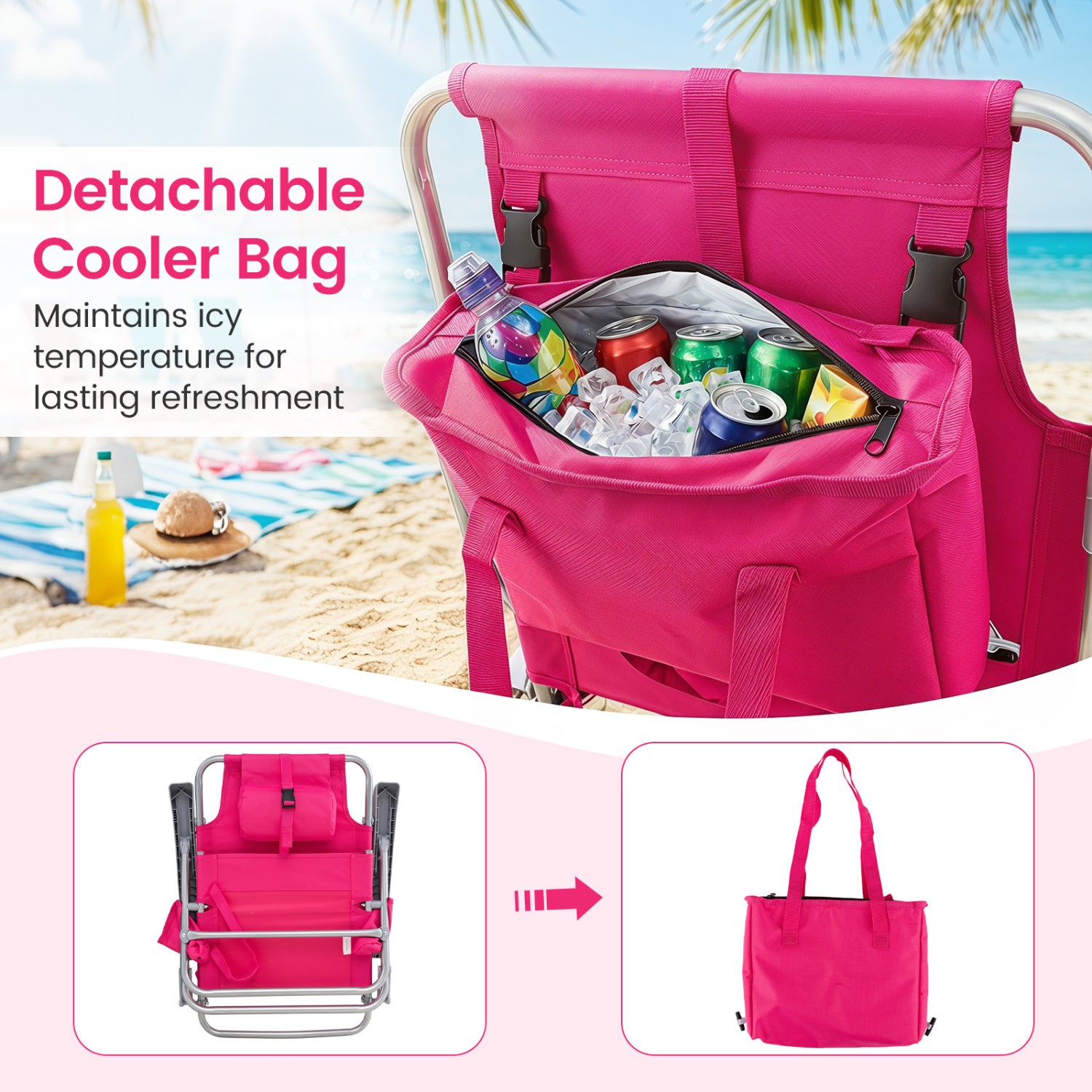 2 Pack Portable Folding Beach Chair with 7-Position Backrest-Pink