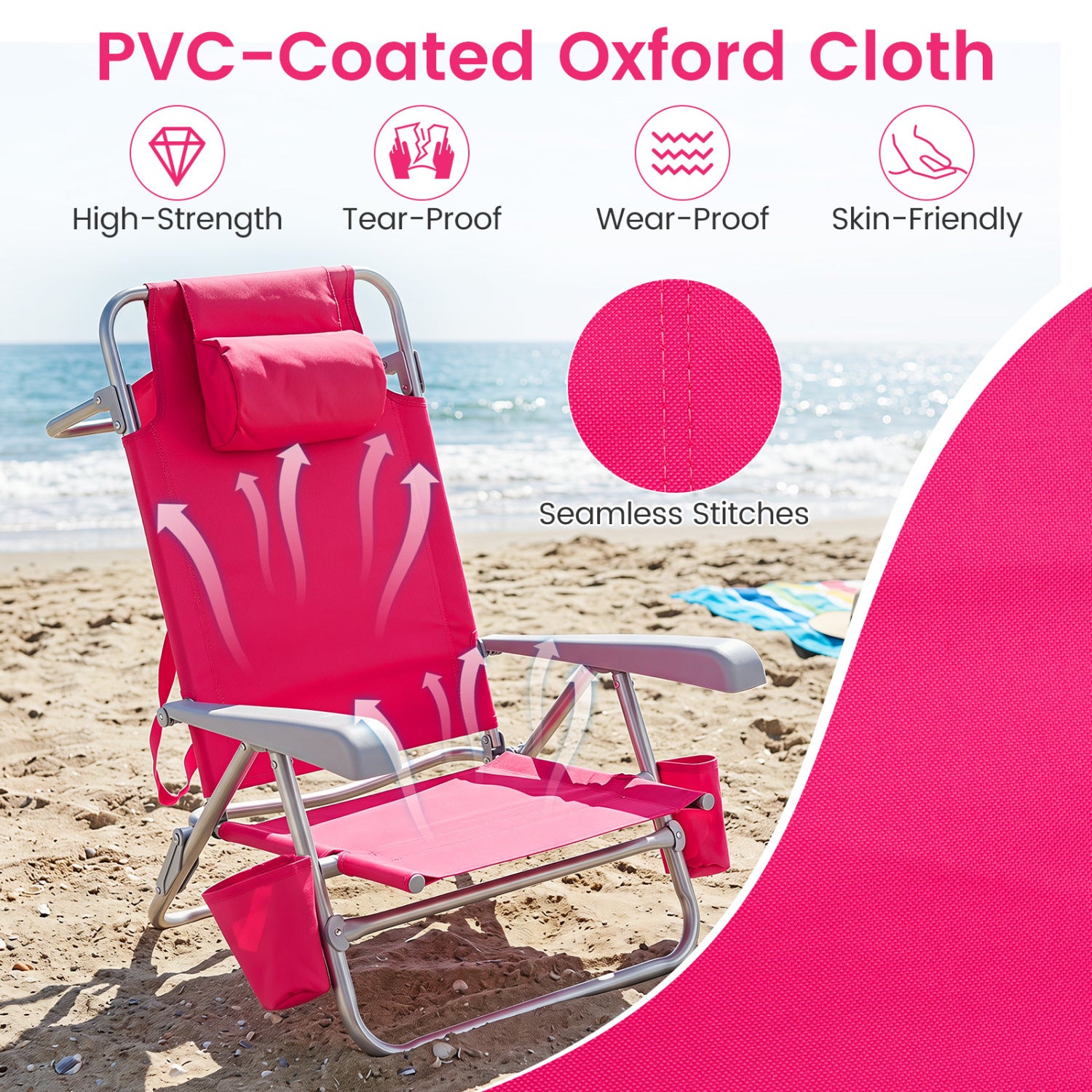2 Pack Portable Folding Beach Chair with 7-Position Backrest-Pink