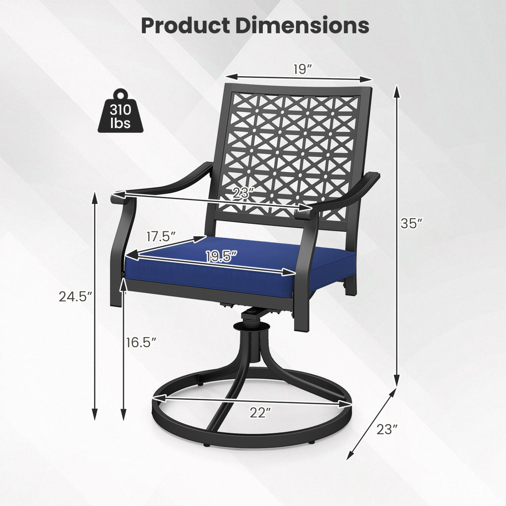 2 Pack Swivel Outdoor Chairs with Soft Cushions and Round Steel Base-Navy