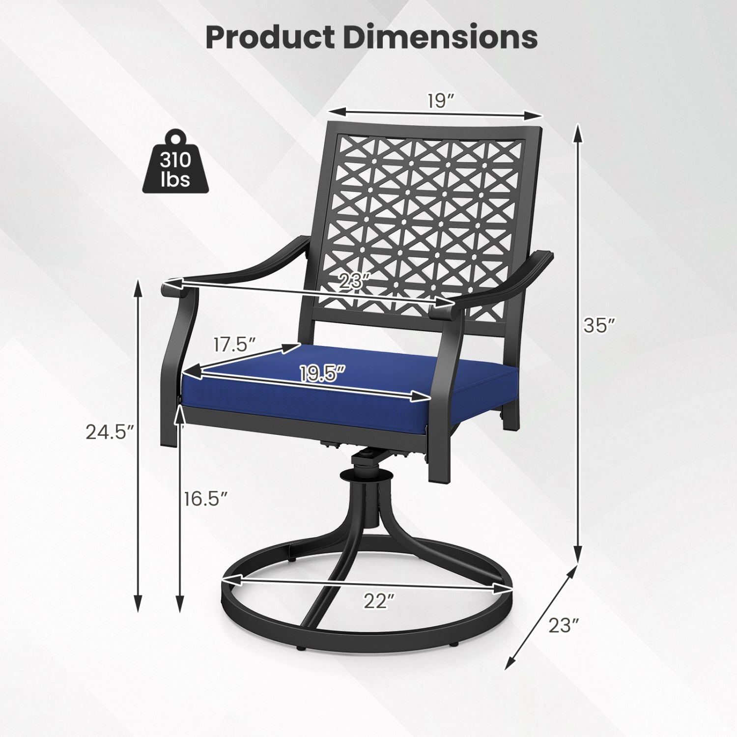 2 Pack Swivel Outdoor Chairs with Soft Cushions and Round Steel Base-Navy
