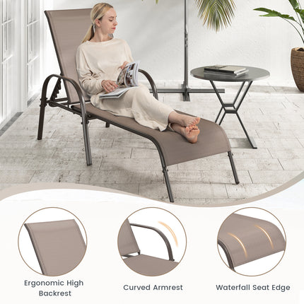 2 Pcs Outdoor Patio Lounge Chair Chaise Fabric with Adjustable Reclining Armrest-Brown
