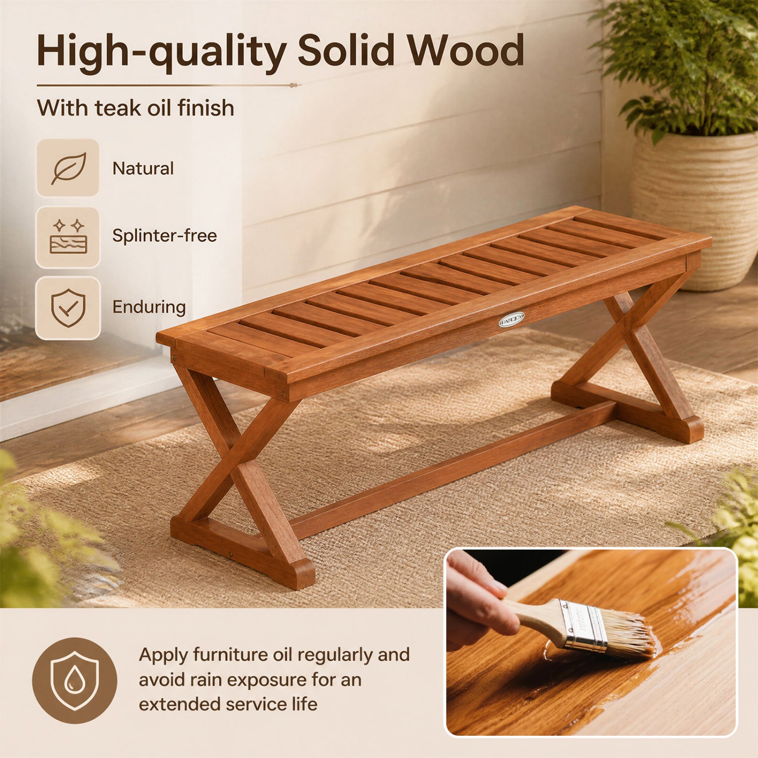 2-Person 44" Solid Wood Outdoor Bench with Slatted Seat for Patio Park Balcony-1 Piece