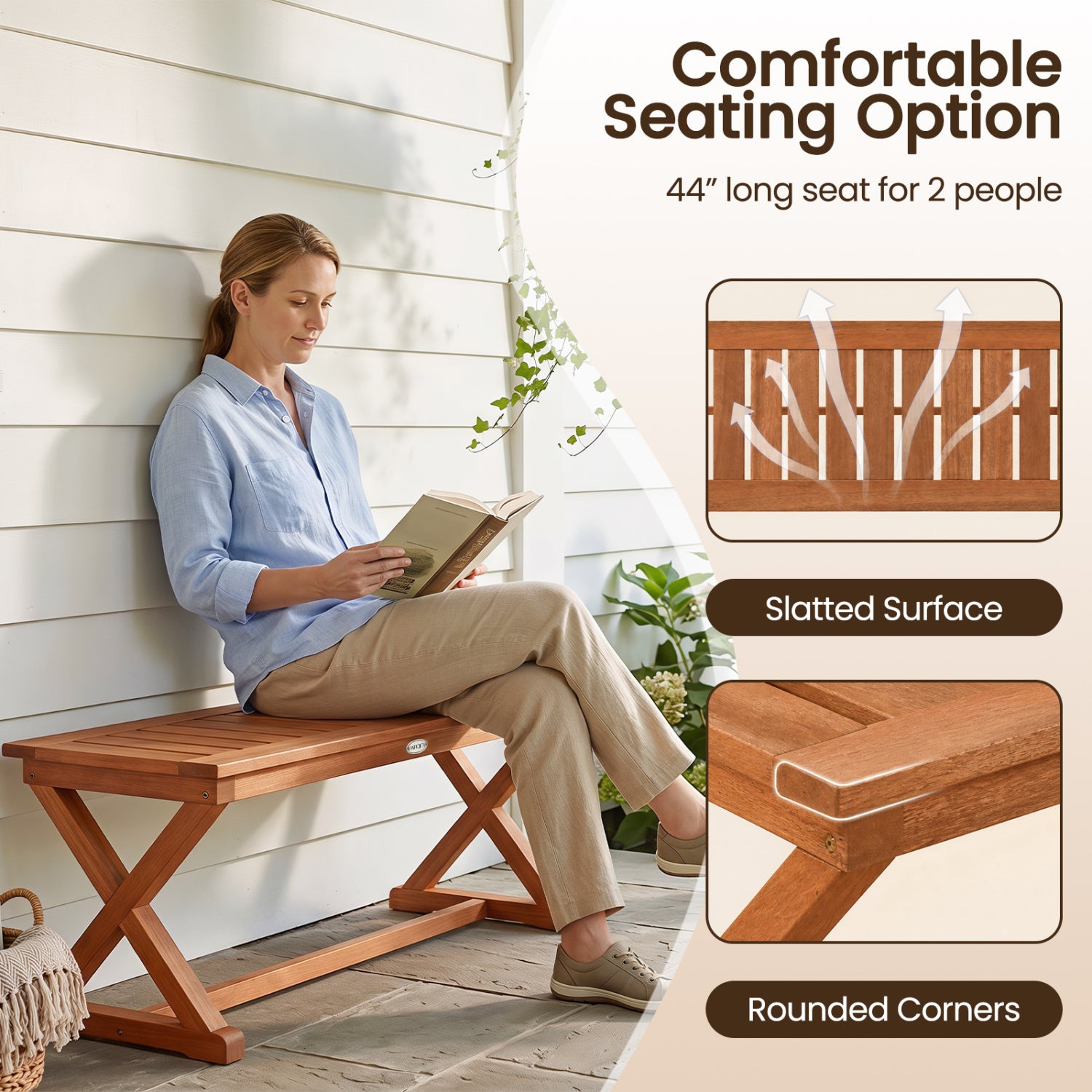 2-Person 44" Solid Wood Outdoor Bench with Slatted Seat for Patio Park Balcony-1 Piece