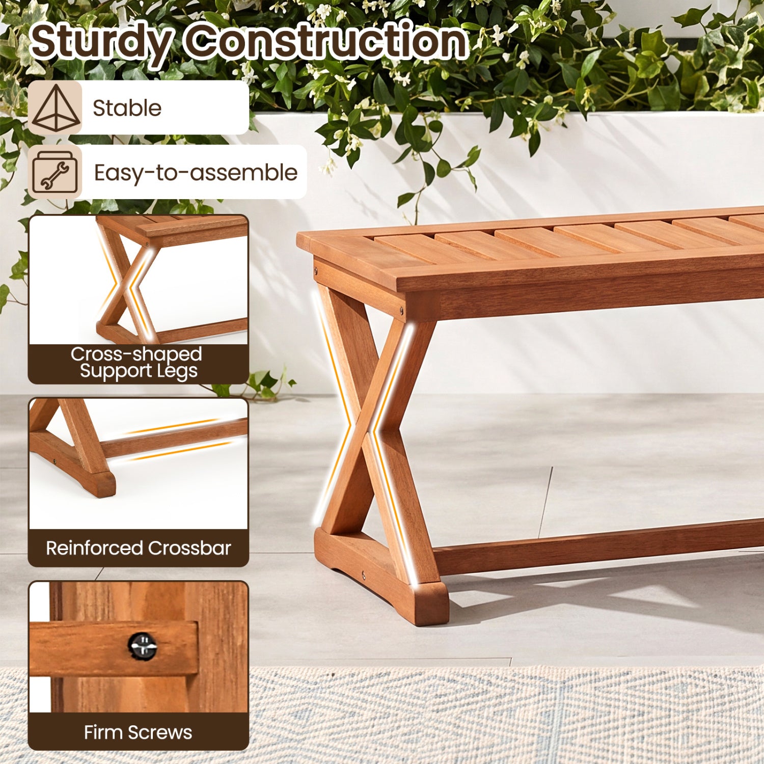 2-Person 44" Solid Wood Outdoor Bench with Slatted Seat for Patio Park Balcony-1 Piece