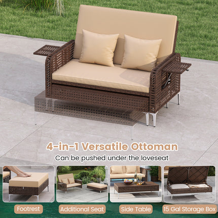2 Piece Patio Rattan Daybed Wicker Loveseat and Ottoman with Adjustable Backrest-Brown