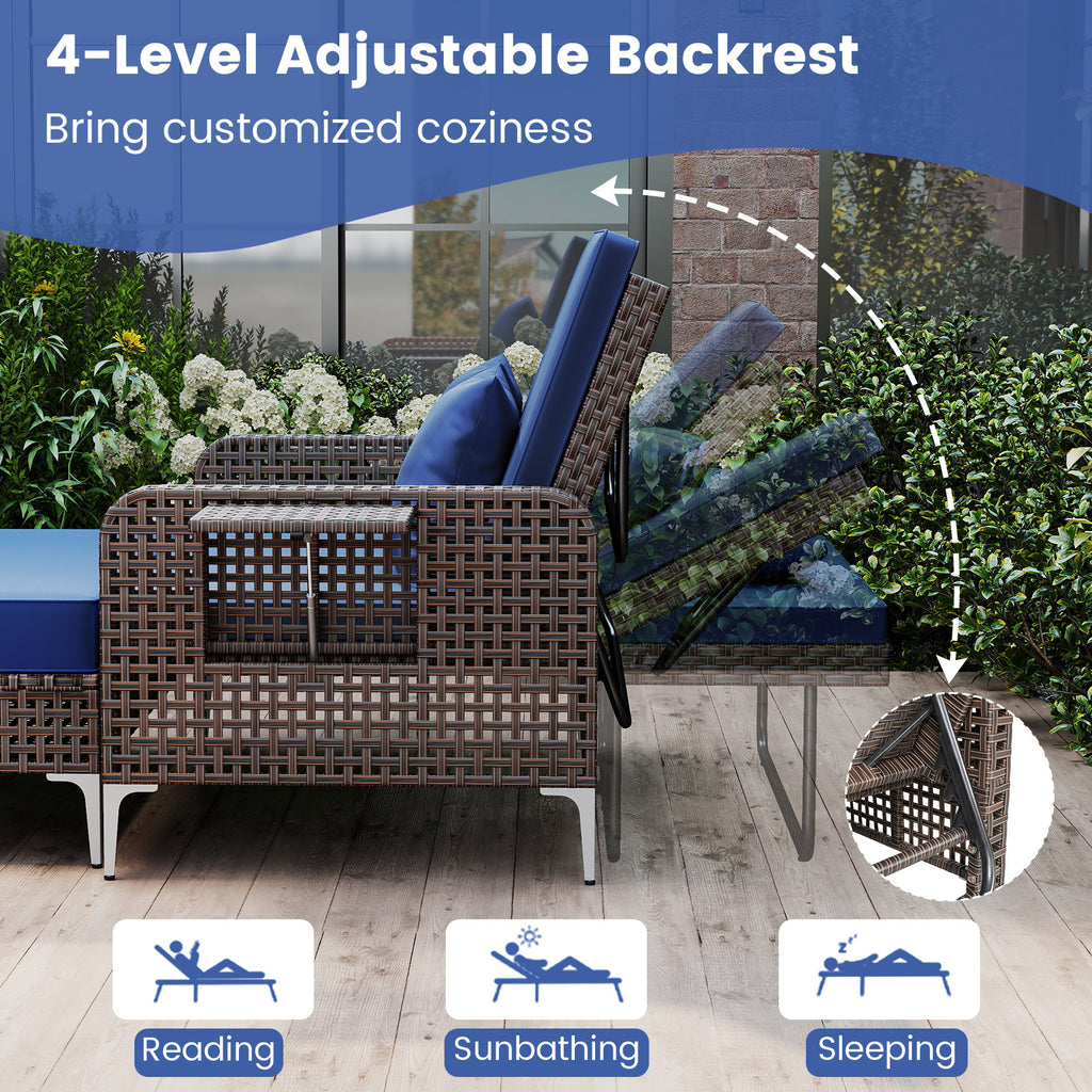 2 Piece Patio Rattan Daybed Wicker Loveseat and Ottoman with Adjustable Backrest-Navy