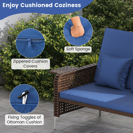 2 Piece Patio Rattan Daybed Wicker Loveseat and Ottoman with Adjustable Backrest-Navy