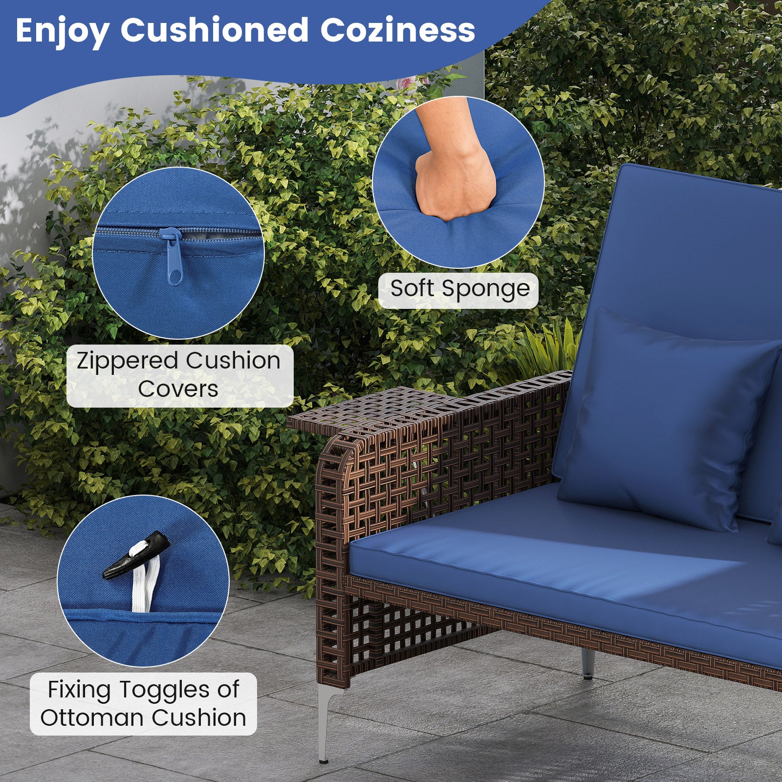 2 Piece Patio Rattan Daybed Wicker Loveseat and Ottoman with Adjustable Backrest-Navy