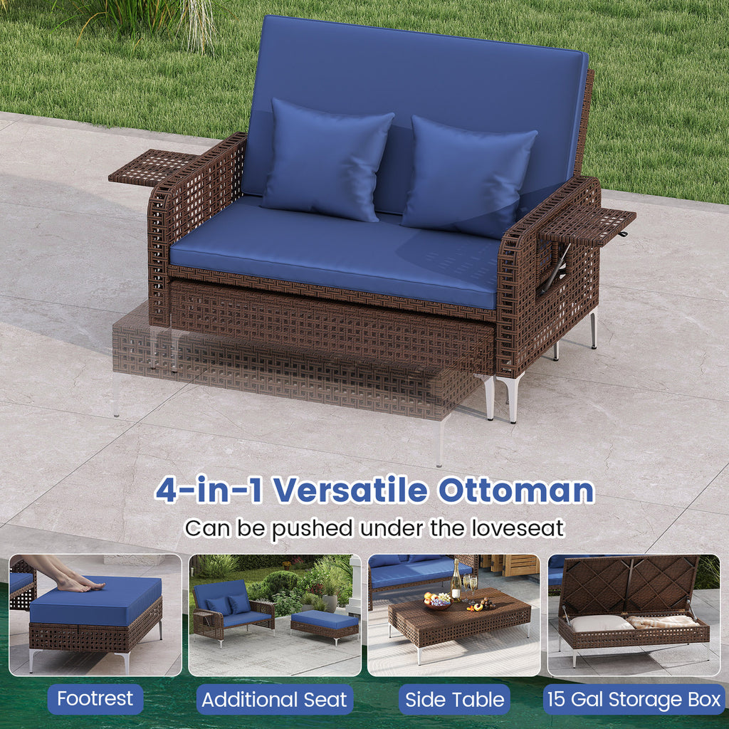 2 Piece Patio Rattan Daybed Wicker Loveseat and Ottoman with Adjustable Backrest-Navy