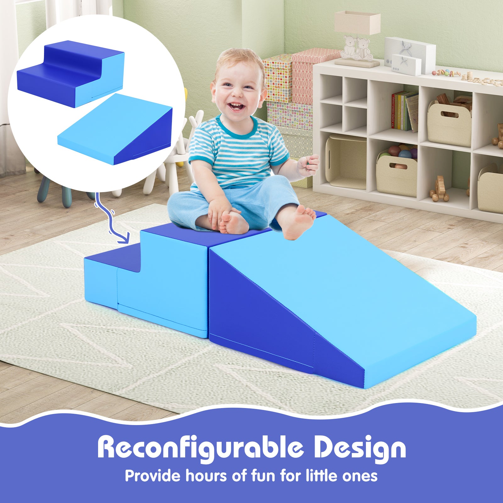 2-Piece Step and Slide Climber for Infants and Toddlers Baby Soft Play Set Foam Blocks-Blue