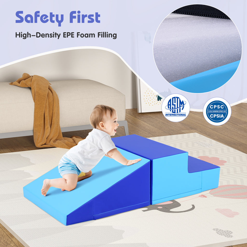 2-Piece Step and Slide Climber for Infants and Toddlers Baby Soft Play Set Foam Blocks-Blue