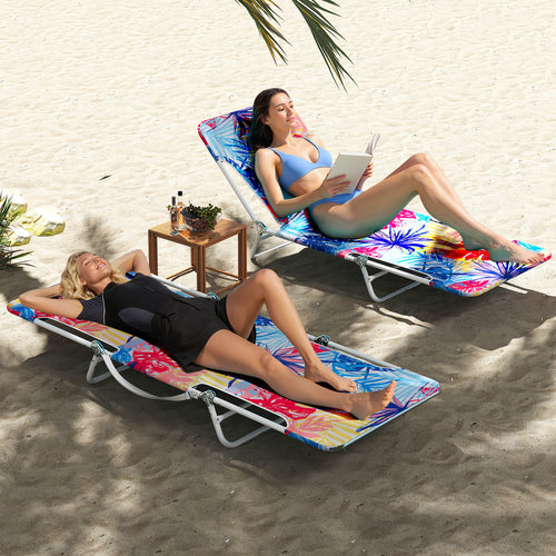 2 chaises longues de plage pliables 5 positions avec sangle de transport et cadre en métal - Rose
