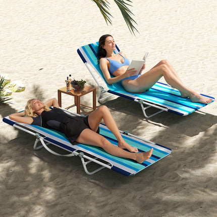 2 Pieces 5-position Lay Flat Beach Recliner with Carry Strap and Metal Frame-Blue