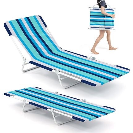 2 Pieces 5-position Lay Flat Beach Recliner with Carry Strap and Metal Frame-Blue