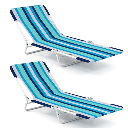 2 Pieces 5-position Lay Flat Beach Recliner with Carry Strap and Metal Frame-Blue