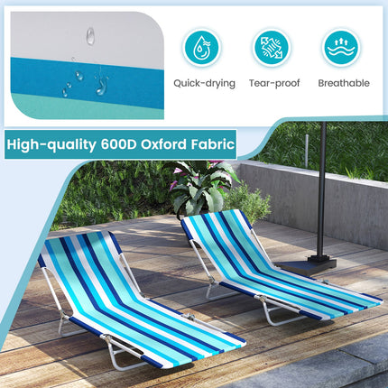 2 Pieces 5-position Lay Flat Beach Recliner with Carry Strap and Metal Frame-Blue