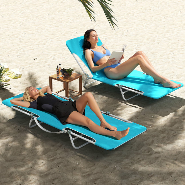 2 Pieces 5-position Lay Flat Beach Recliner with Carry Strap and Metal Frame-Navy