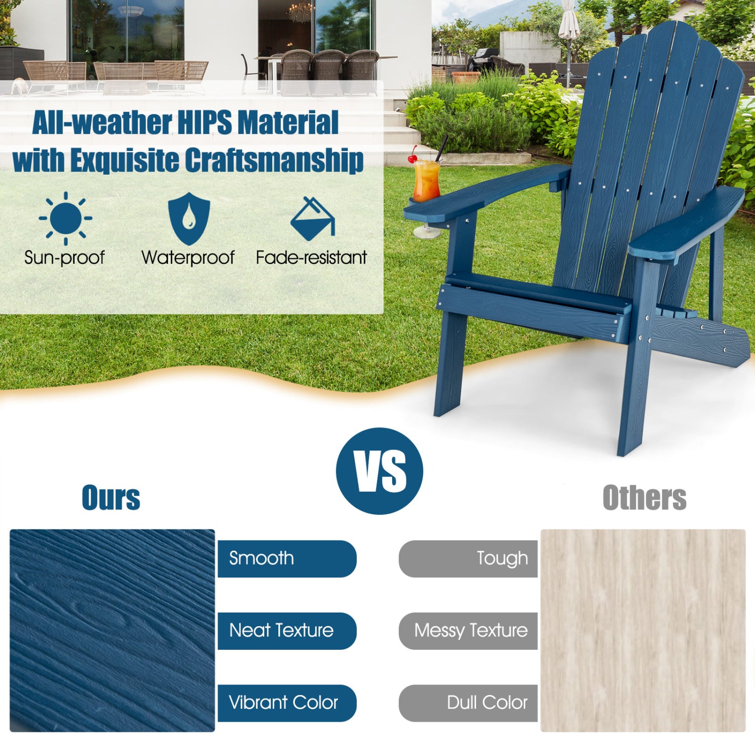 Ensemble de 2 chaises Adirondack avec conception ergonomique pour terrasse et jardin - Bleu marine