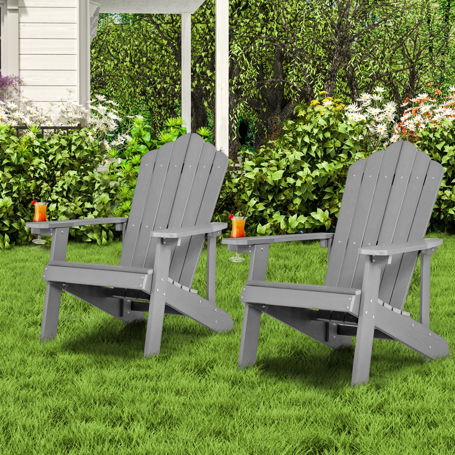 Ensemble de 2 chaises Adirondack avec conception ergonomique pour véranda et jardin - Argenté