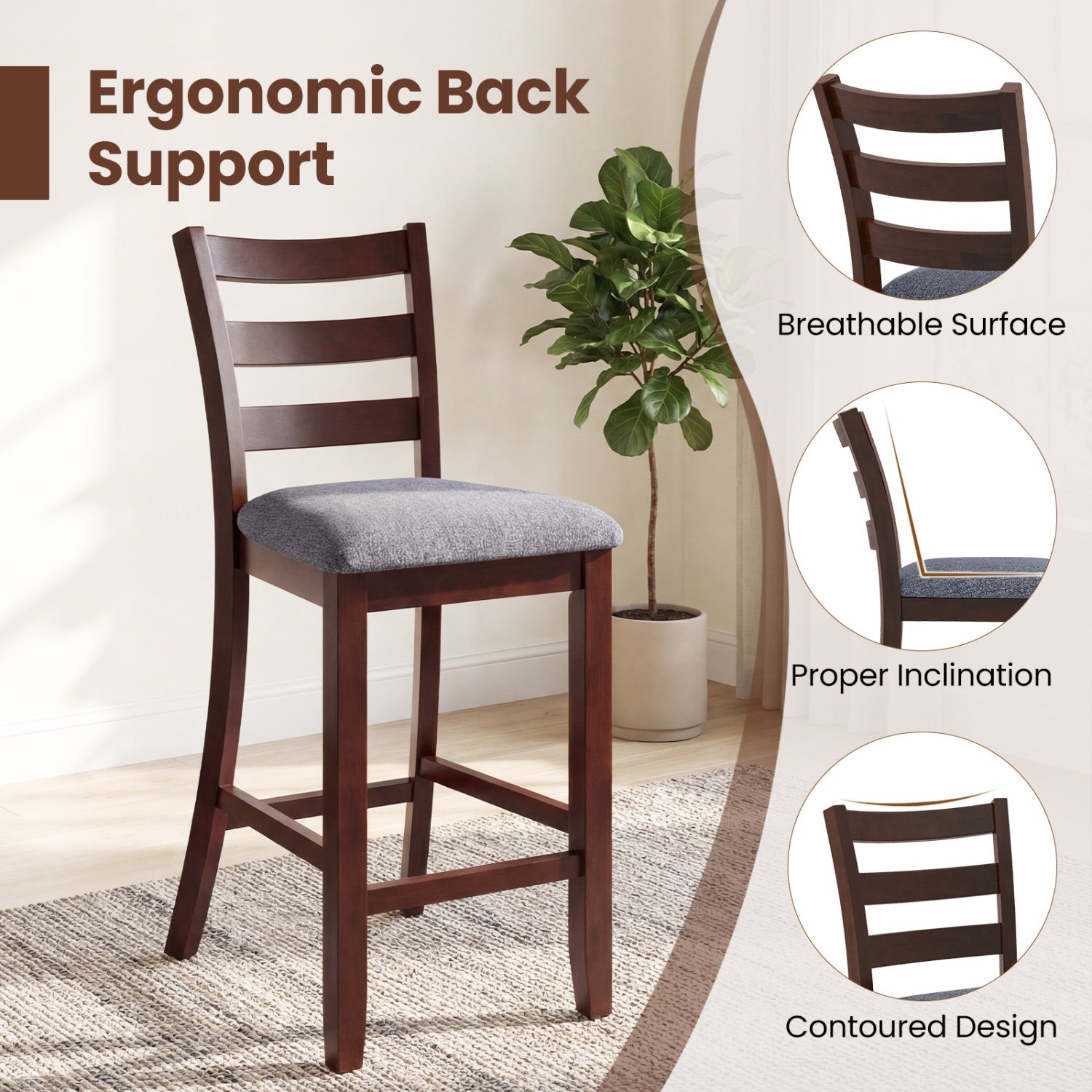 2 Pieces Counter Height Chairs with Fabric Seat and Rubber Wood Legs