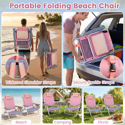 2 Pieces Folding Backpack Beach Chair with Pillow-Pink