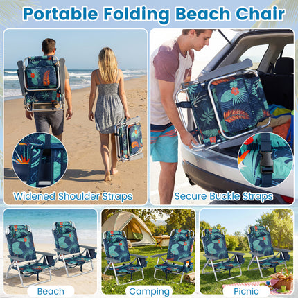 2 Pieces Folding Backpack Beach Chair with Pillow-Multicolor