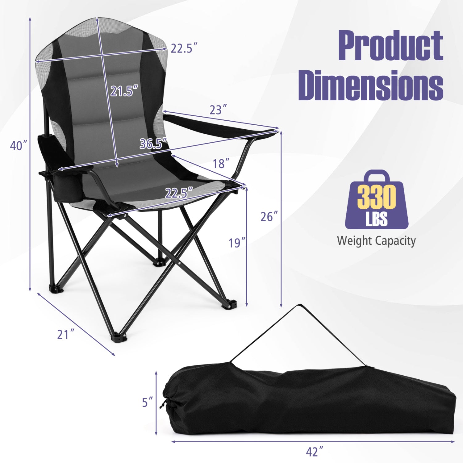 2 Pieces Folding Camping Chairs for Adults with Cup Holders-Black