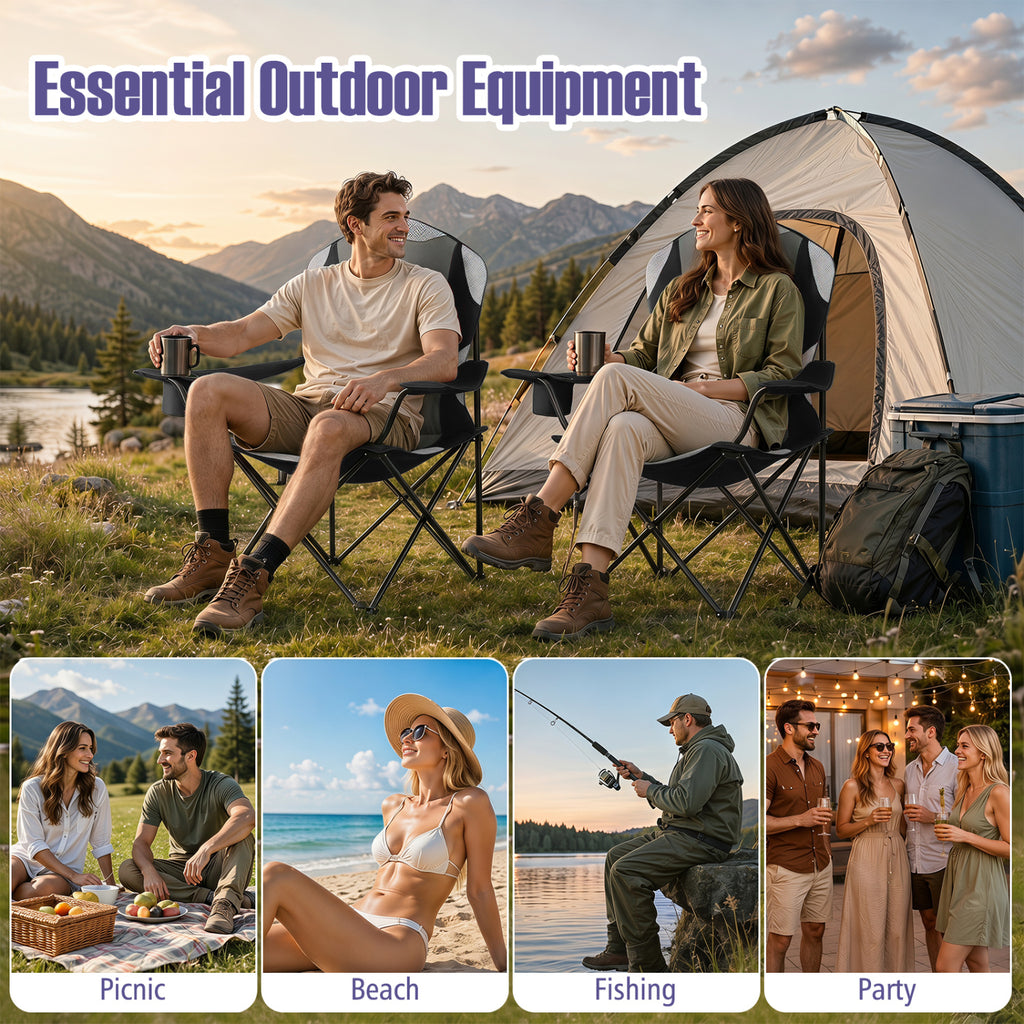2 Pieces Folding Camping Chairs for Adults with Cup Holders-Black