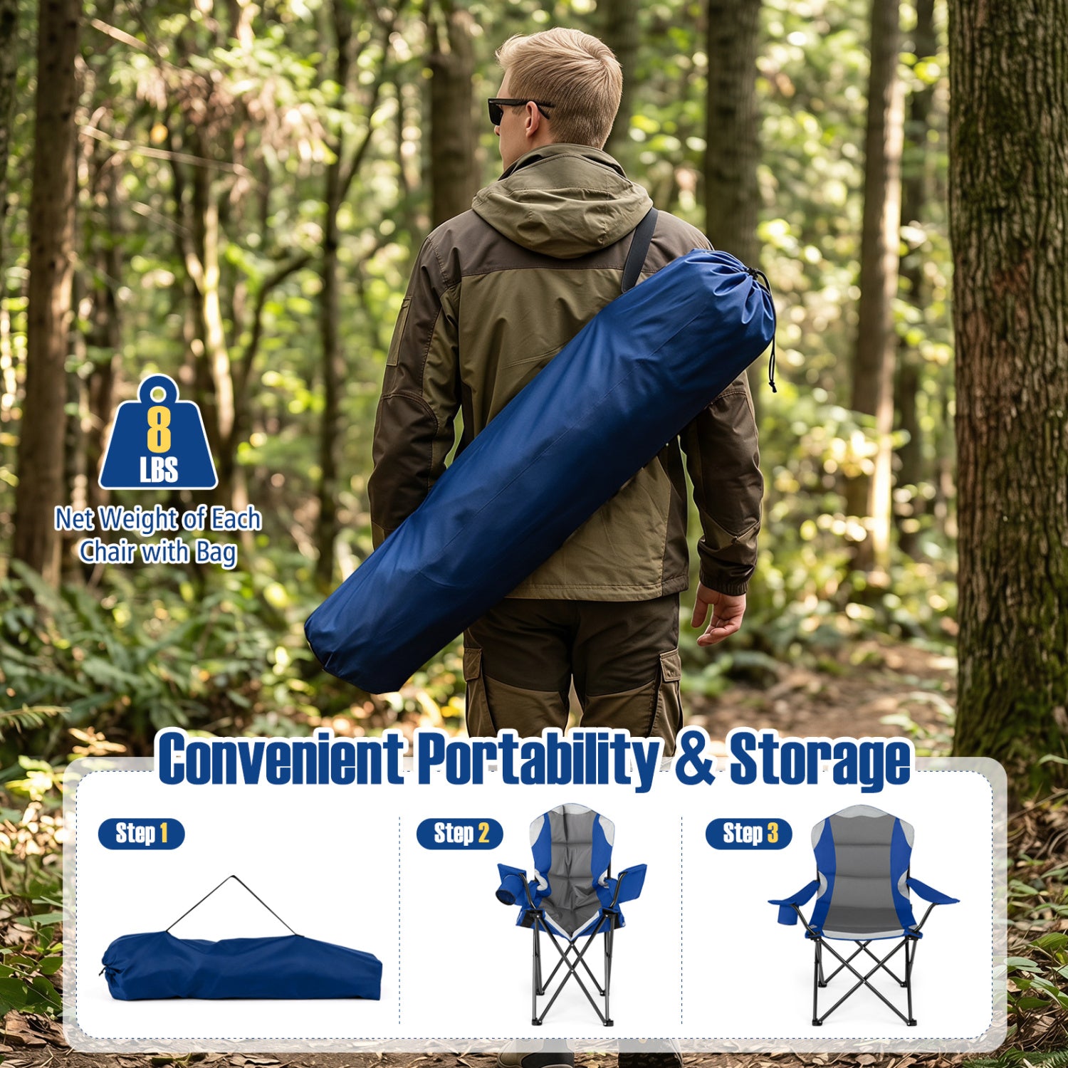 2 Pieces Folding Camping Chairs for Adults with Cup Holders-Navy