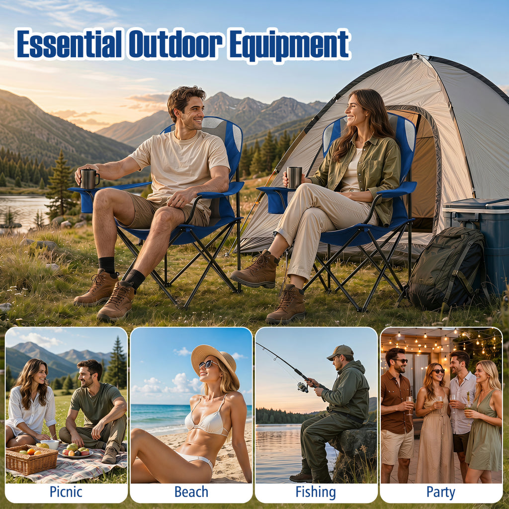 2 Pieces Folding Camping Chairs for Adults with Cup Holders-Navy