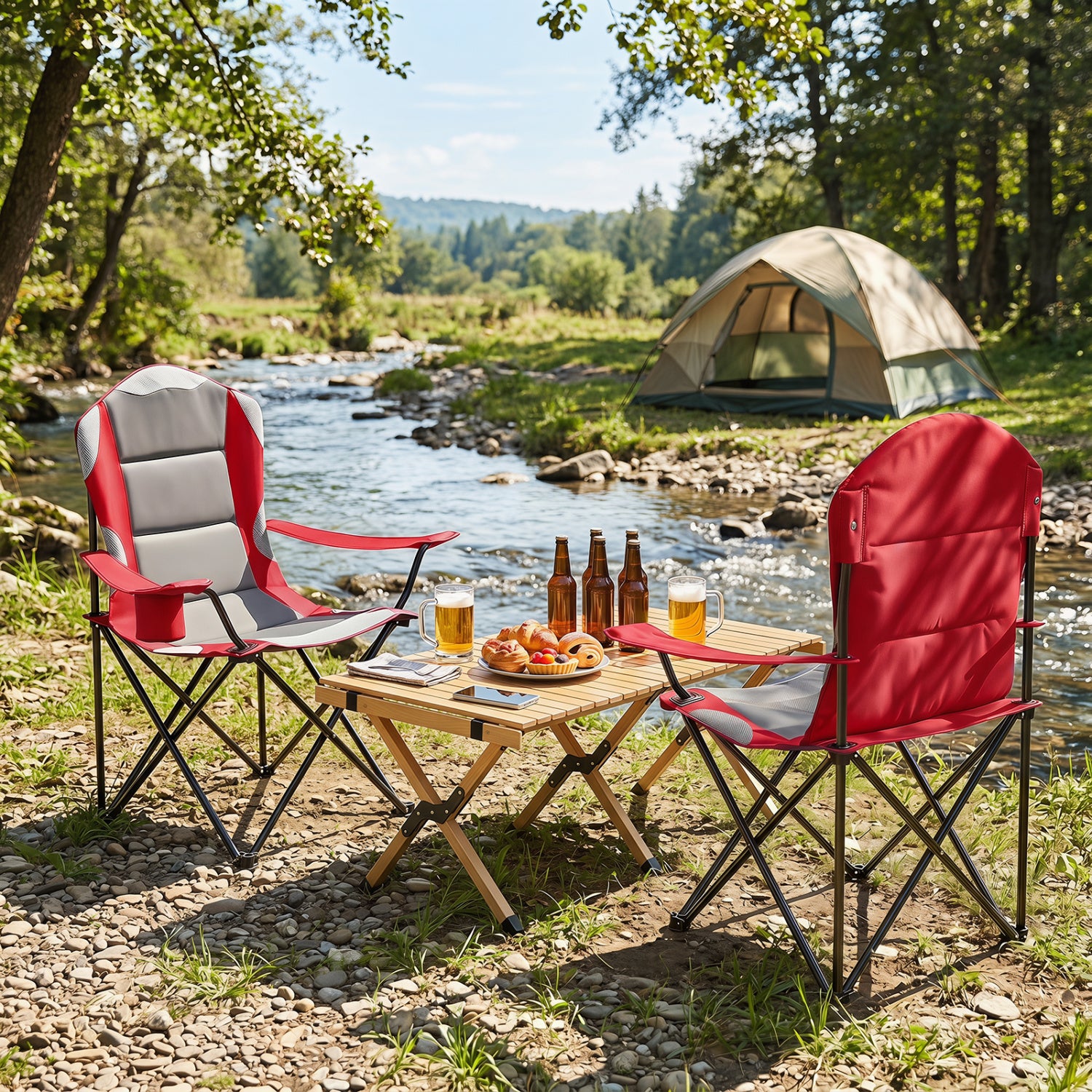 2 Pieces Folding Camping Chairs for Adults with Cup Holders-Red