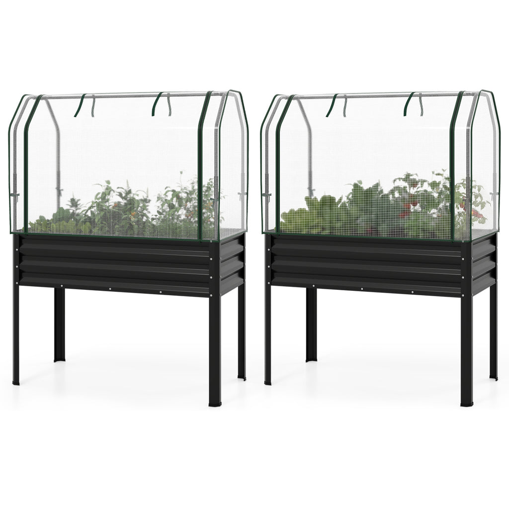 2 Pieces Galvanized Raised Garden Bed with Legs and Greenhouse Cover for Vegetable Flower-Black