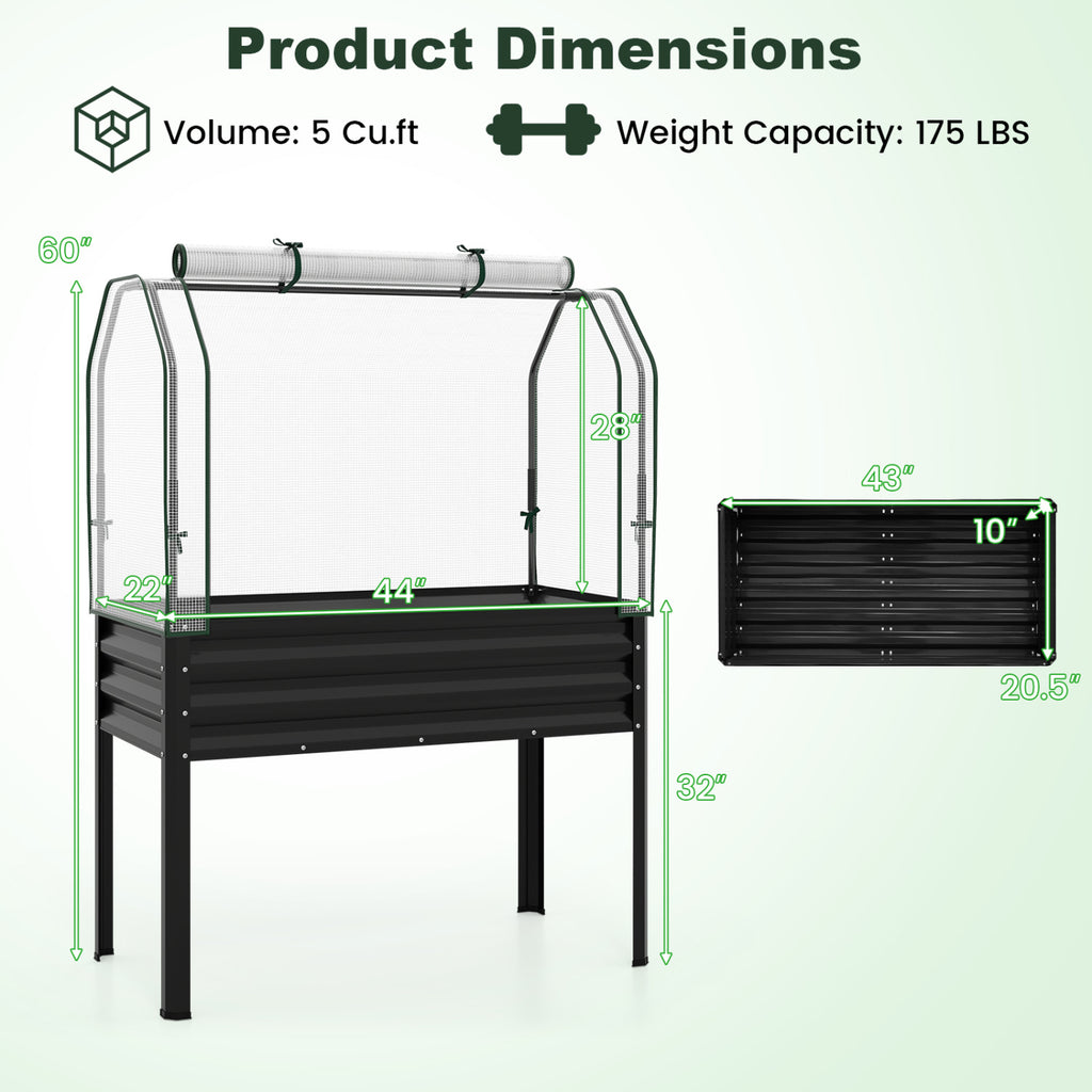 2 Pieces Galvanized Raised Garden Bed with Legs and Greenhouse Cover for Vegetable Flower-Black