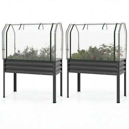 2 Pieces Galvanized Raised Garden Bed with Legs and Greenhouse Cover for Vegetable Flower-Gray