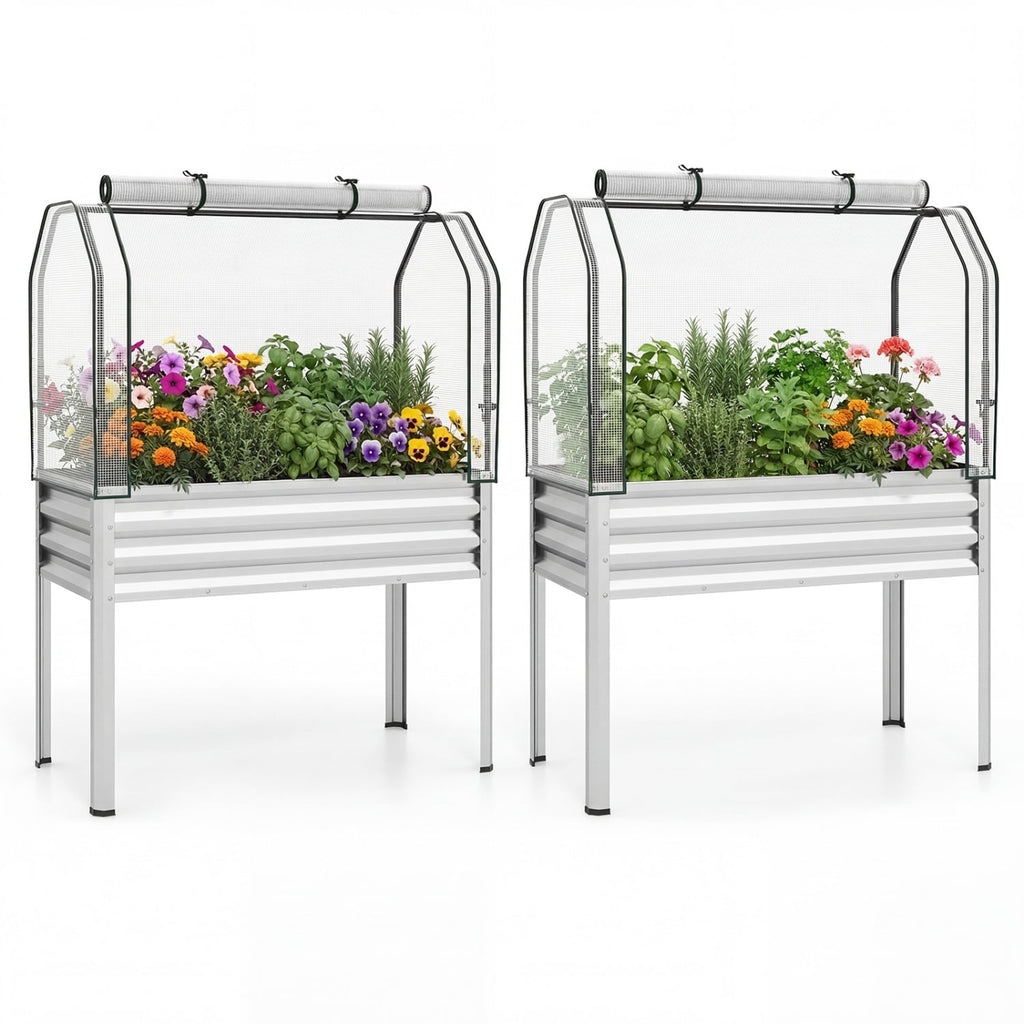 2 Jardinières surélevées en métal galvanisé sur pieds avec housse de serre pour légumes et fleurs - Argenté