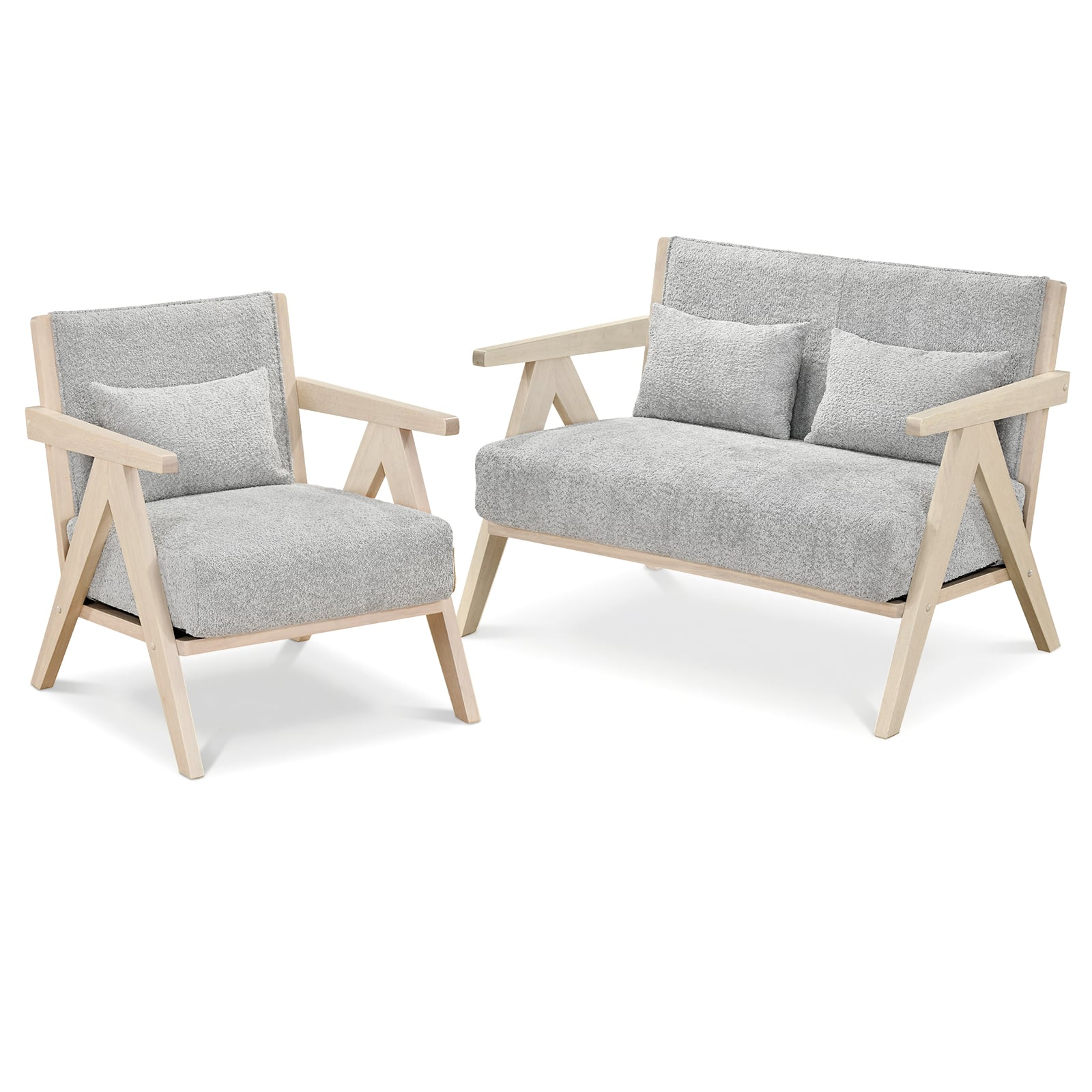 2 Pieces Living Room Furniture Set with Rubber Wood Frame-Gray