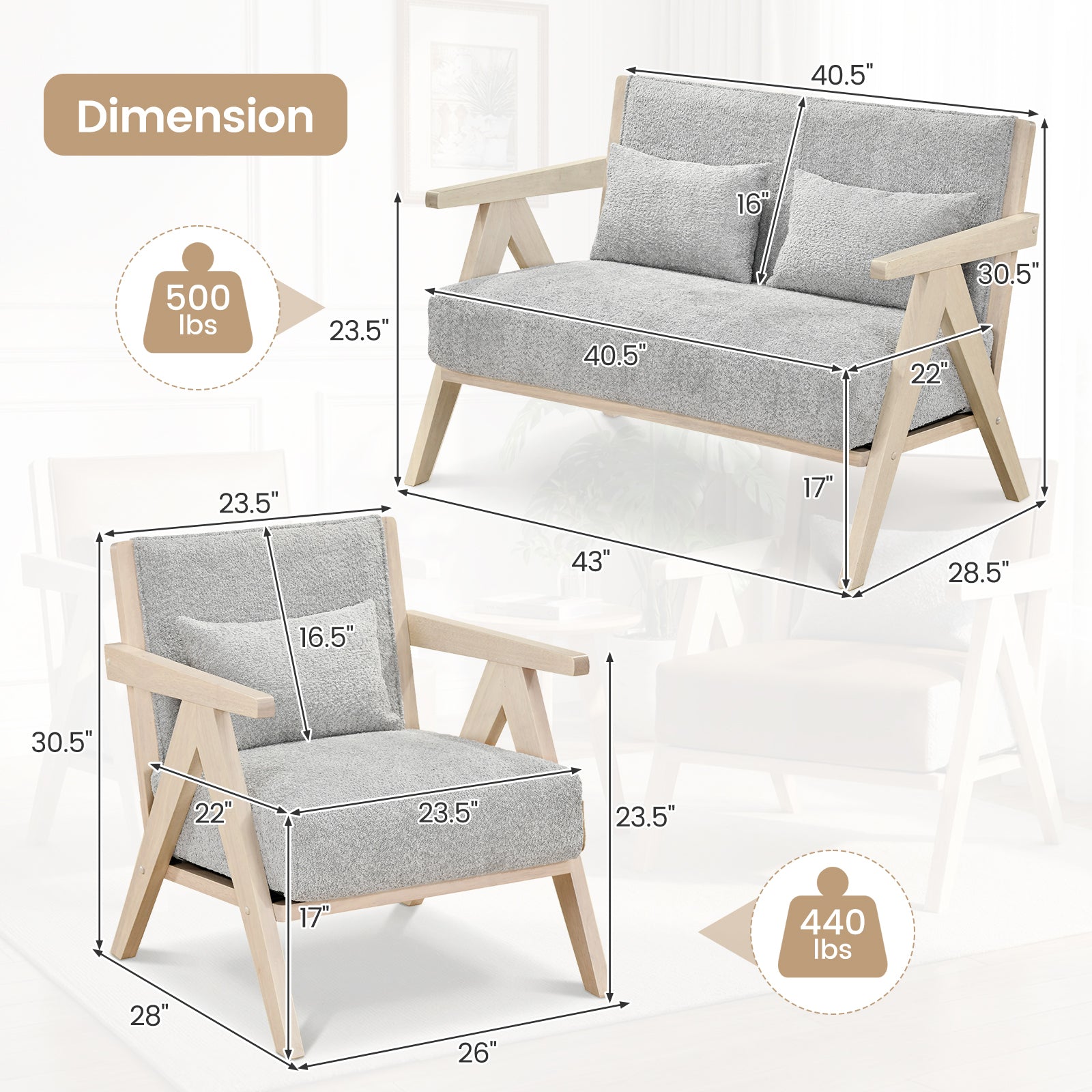 2 Pieces Living Room Furniture Set with Rubber Wood Frame-Gray