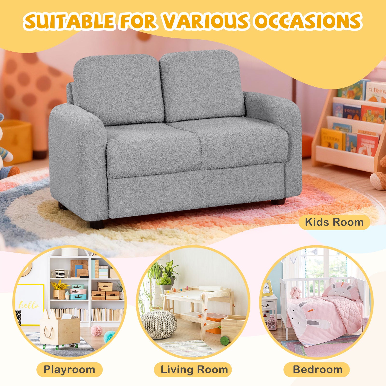 2-Seat Kids Sofa Toddler Sofa Couch with Soft Teddy Fleece Upholstery and Solid Wooden Frame-Gray