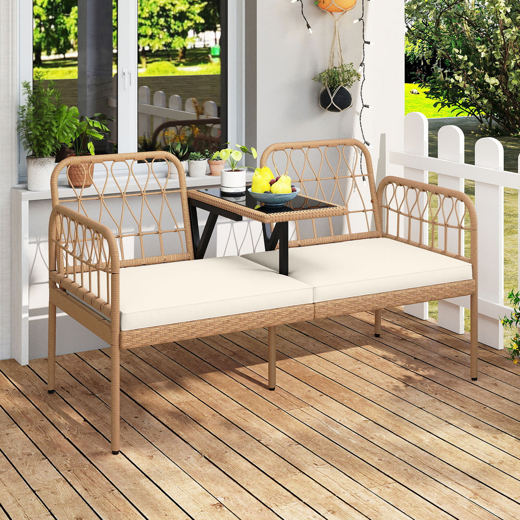 2-Seat PE Rattan Outdoor Loveseat with Built-in Coffee Table and Soft Cushions-White