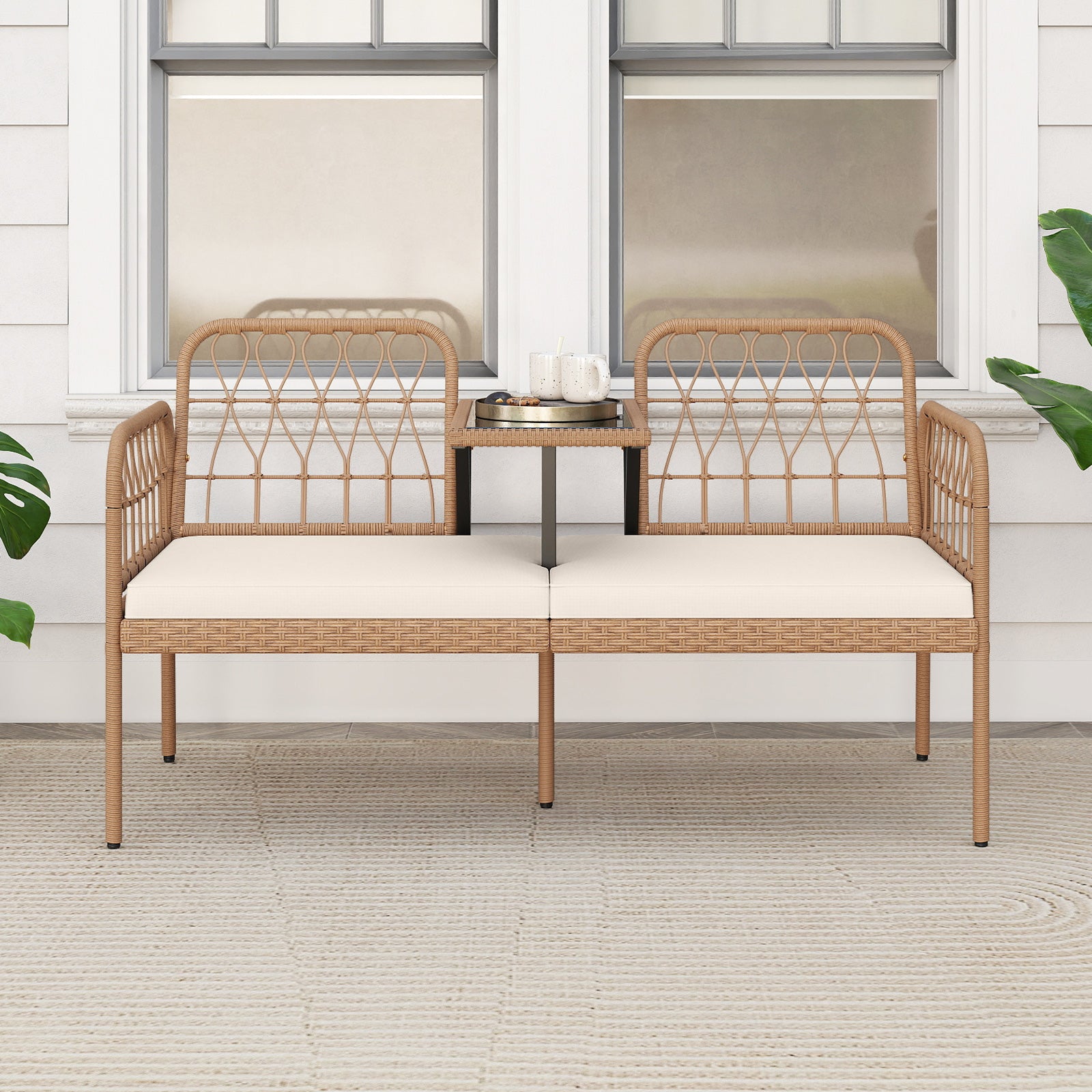 2-Seat PE Rattan Outdoor Loveseat with Built-in Coffee Table and Soft Cushions-White