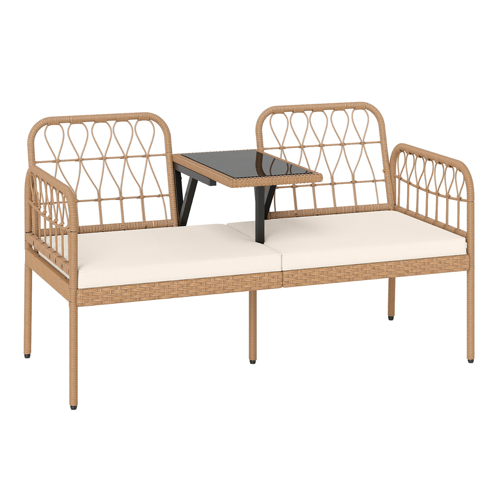 2-Seat PE Rattan Outdoor Loveseat with Built-in Coffee Table and Soft Cushions-White