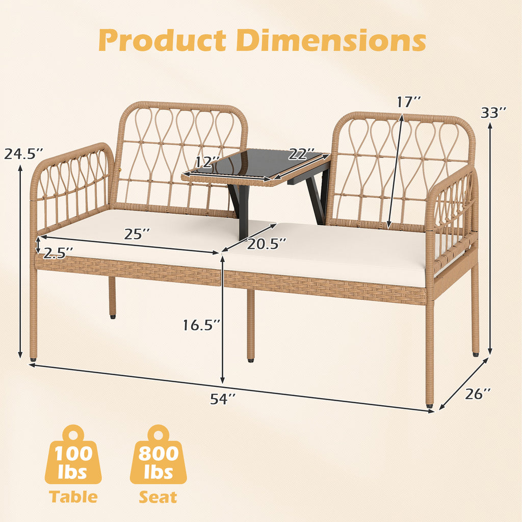 2-Seat PE Rattan Outdoor Loveseat with Built-in Coffee Table and Soft Cushions-White