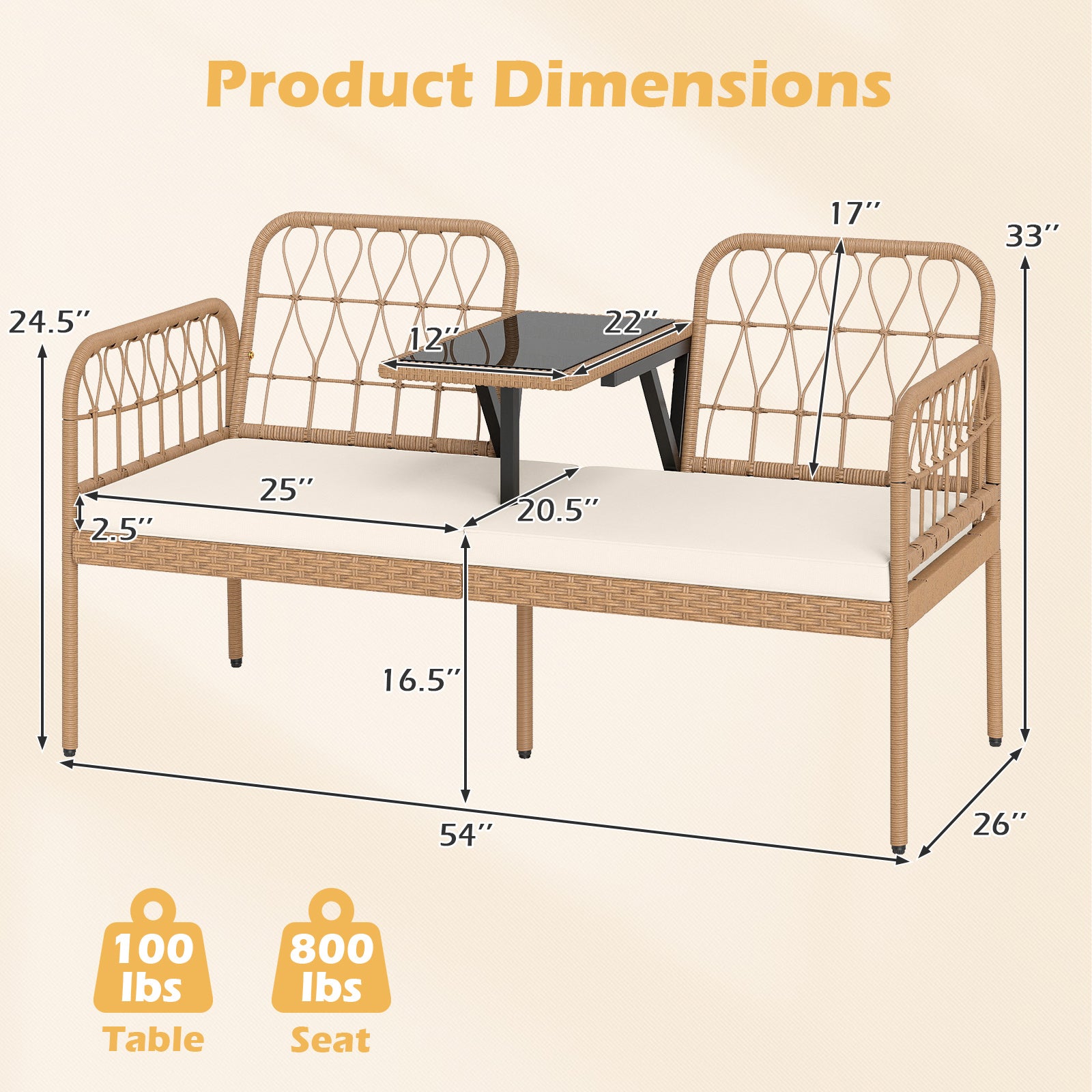2-Seat PE Rattan Outdoor Loveseat with Built-in Coffee Table and Soft Cushions-White