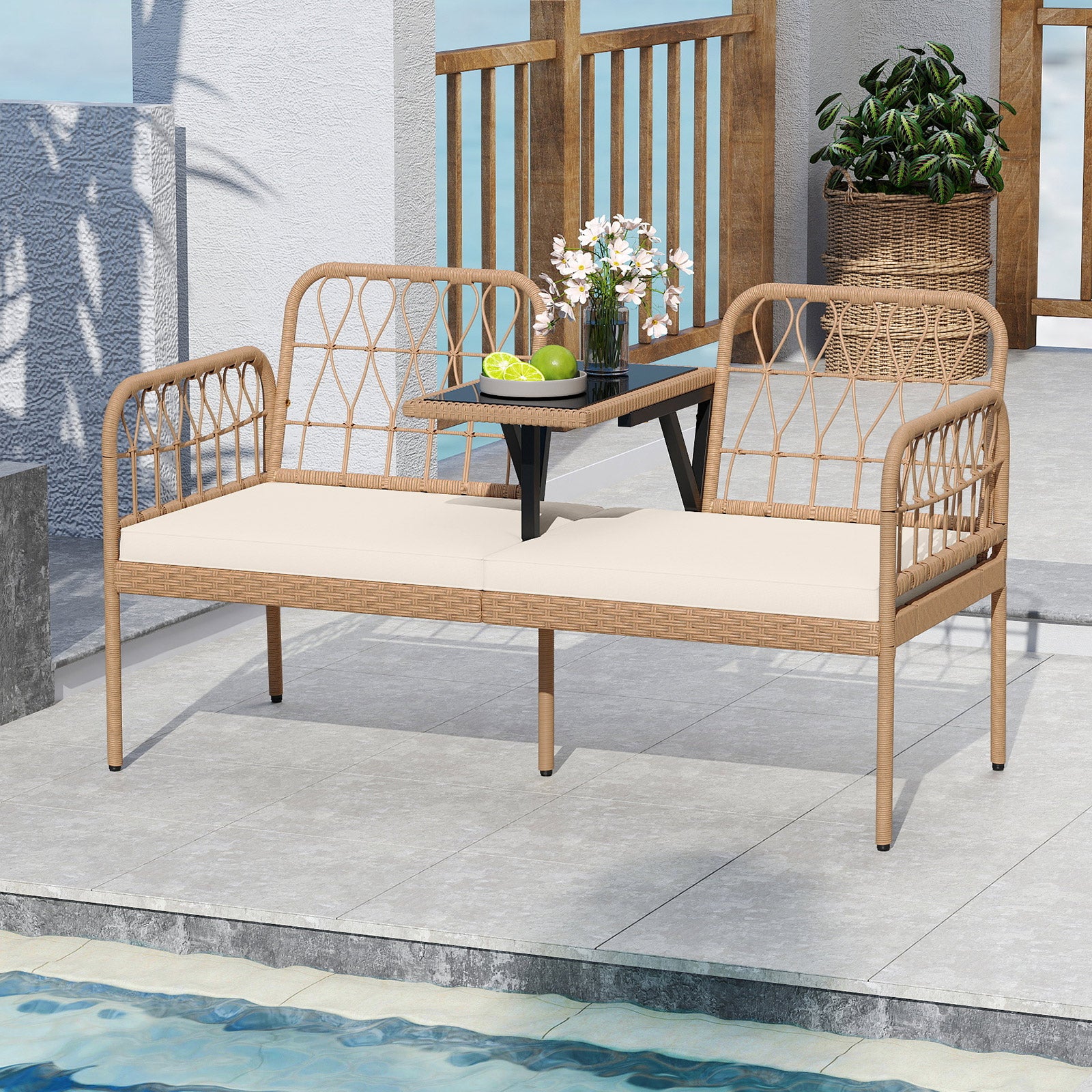 2-Seat PE Rattan Outdoor Loveseat with Built-in Coffee Table and Soft Cushions-White