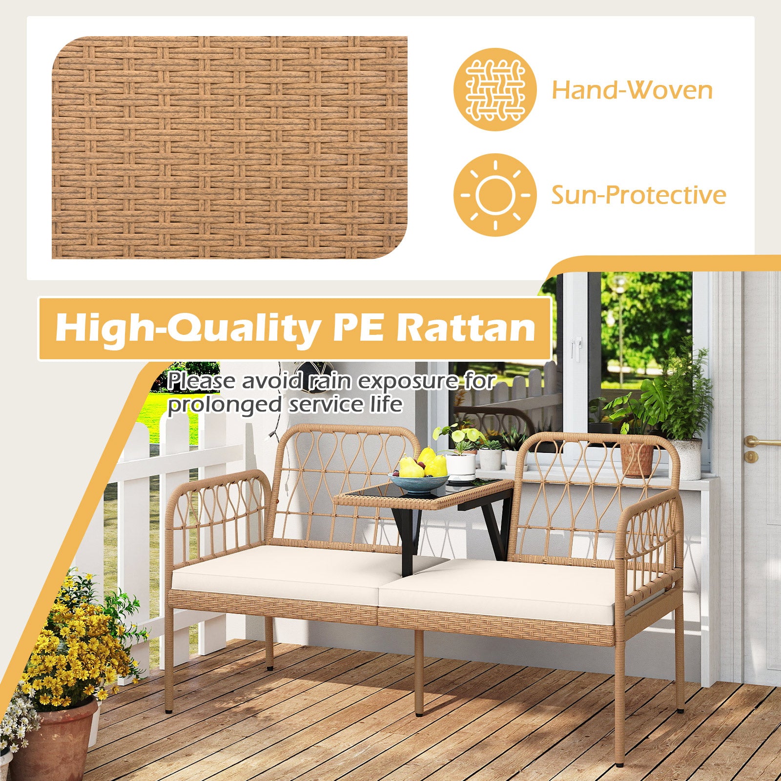 2-Seat PE Rattan Outdoor Loveseat with Built-in Coffee Table and Soft Cushions-White